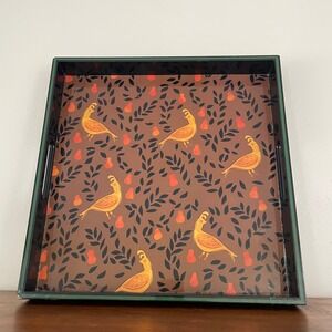 Distressed Partridge Art Square Lacquer Serving Tray 15" Rock Flower Paper